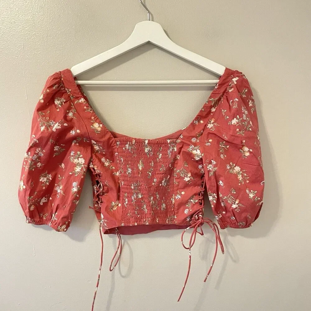 NWT Abercrombie And Fitch Floral Puff Sleeve Lace Up Poplin Corset Top Sz S